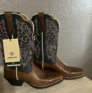 Ariat Brown and Black Western Heeled Boots with Pink Stitching